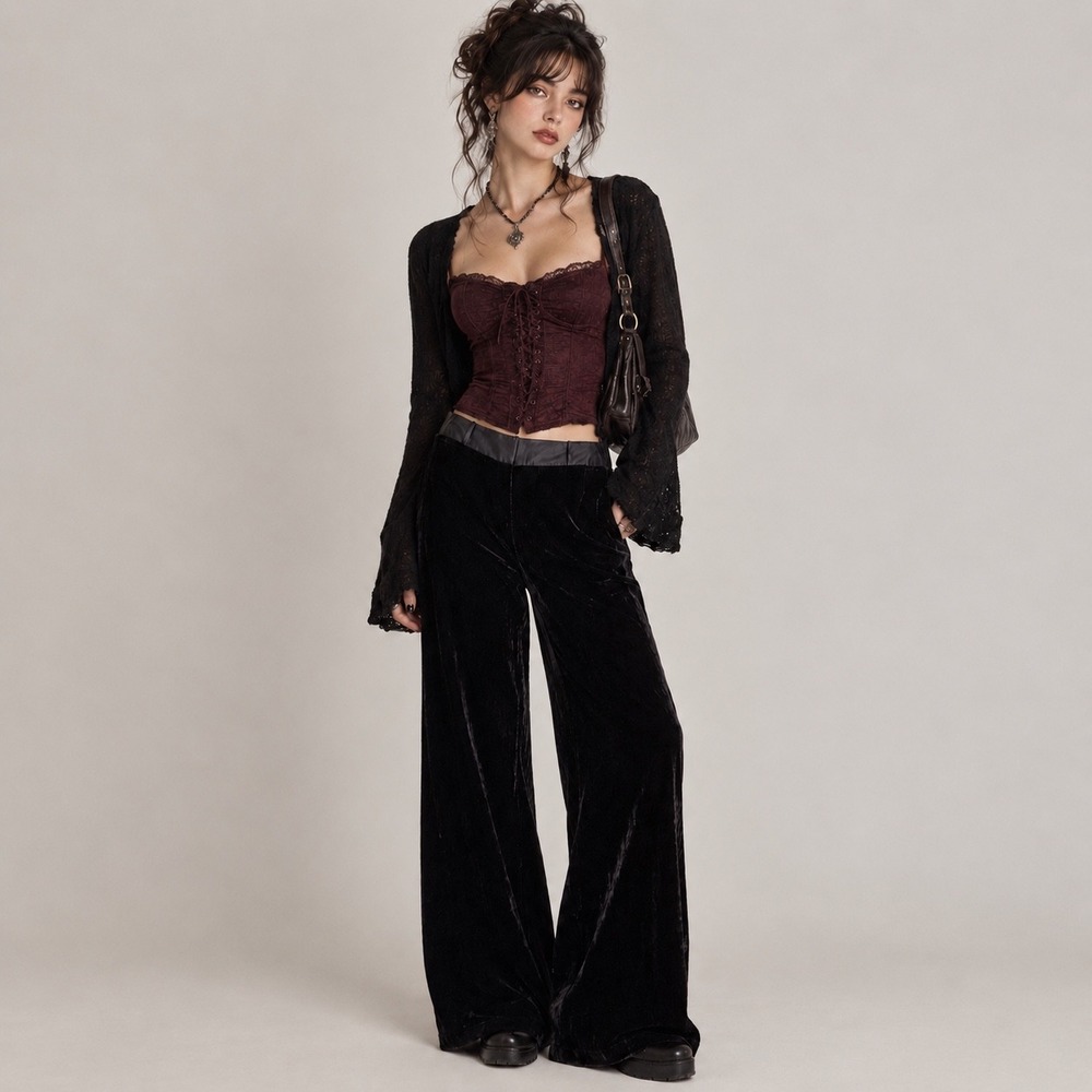 Ann Taylor Velvet Silk Blend Wide Leg Pants Black Glam Whimsigoth Women's 6